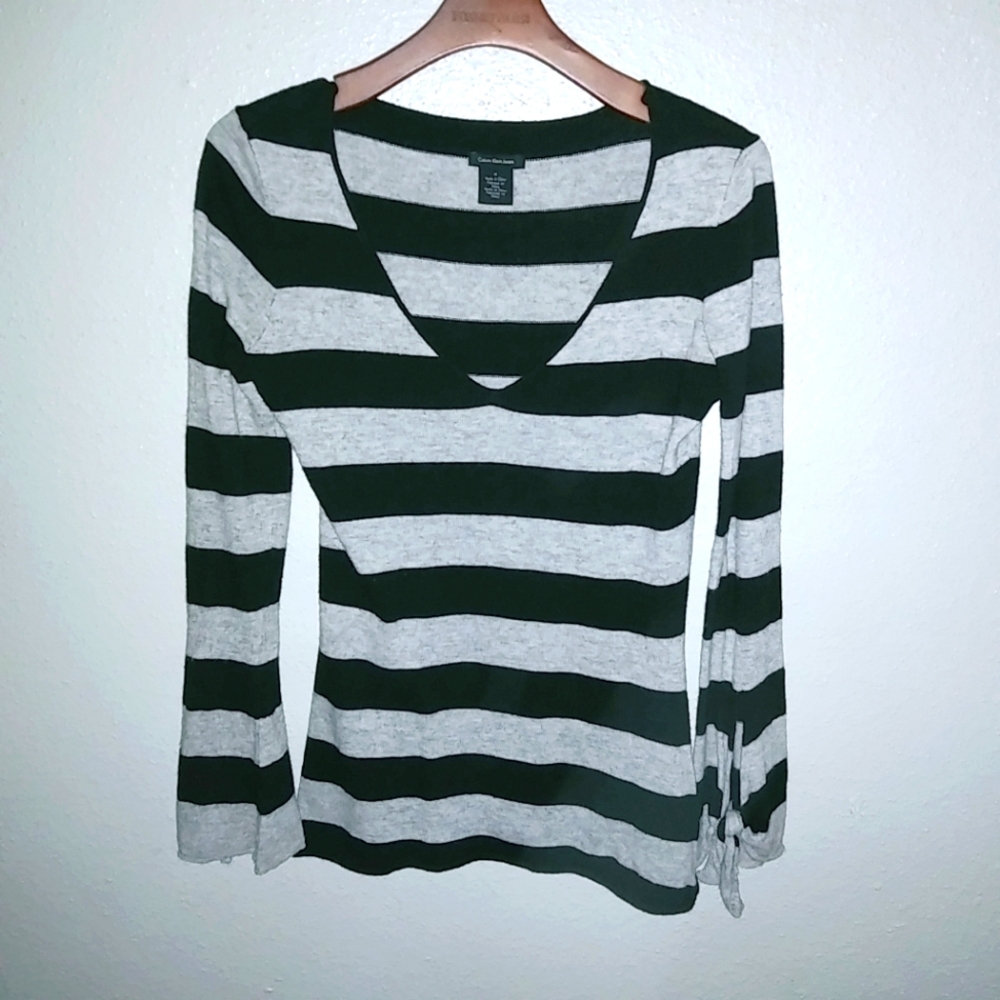 Calvin Klein Jeans M Black Gray Rugby Striped Knit Pullover Top